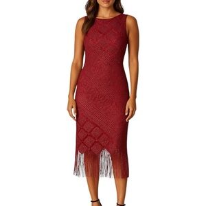 Vintage Hourglass Medium Red Crochet Lace Fringe Dress Elegant Formal
